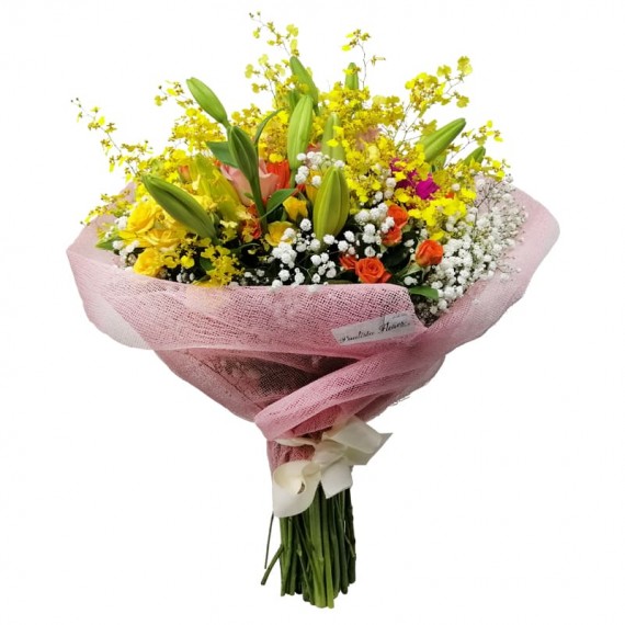 Bouquet of Lilies, Mini Roses. Gypsophila and Golden Rain